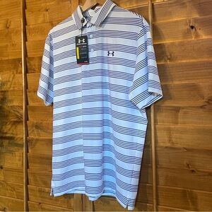 Under Armour UA Golf Purple and White Striped Polo Shirt Sz L
